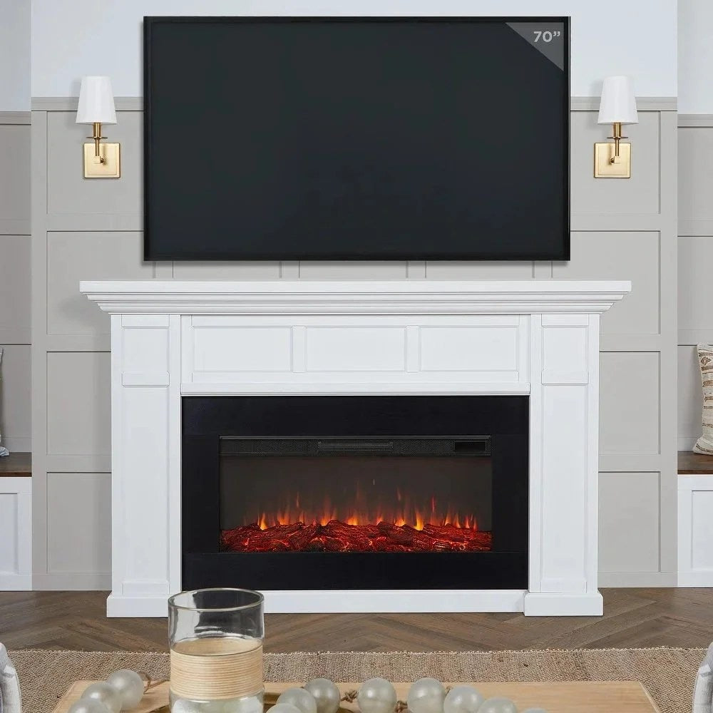 Casavibeo Real Flame Alcott 75-inch landscape electric fireplace with realistic flames and modern mantel design.