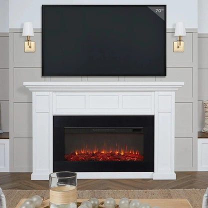 Casavibeo Real Flame Alcott 75-inch landscape electric fireplace with realistic flames and modern design, shown in a living room setting.