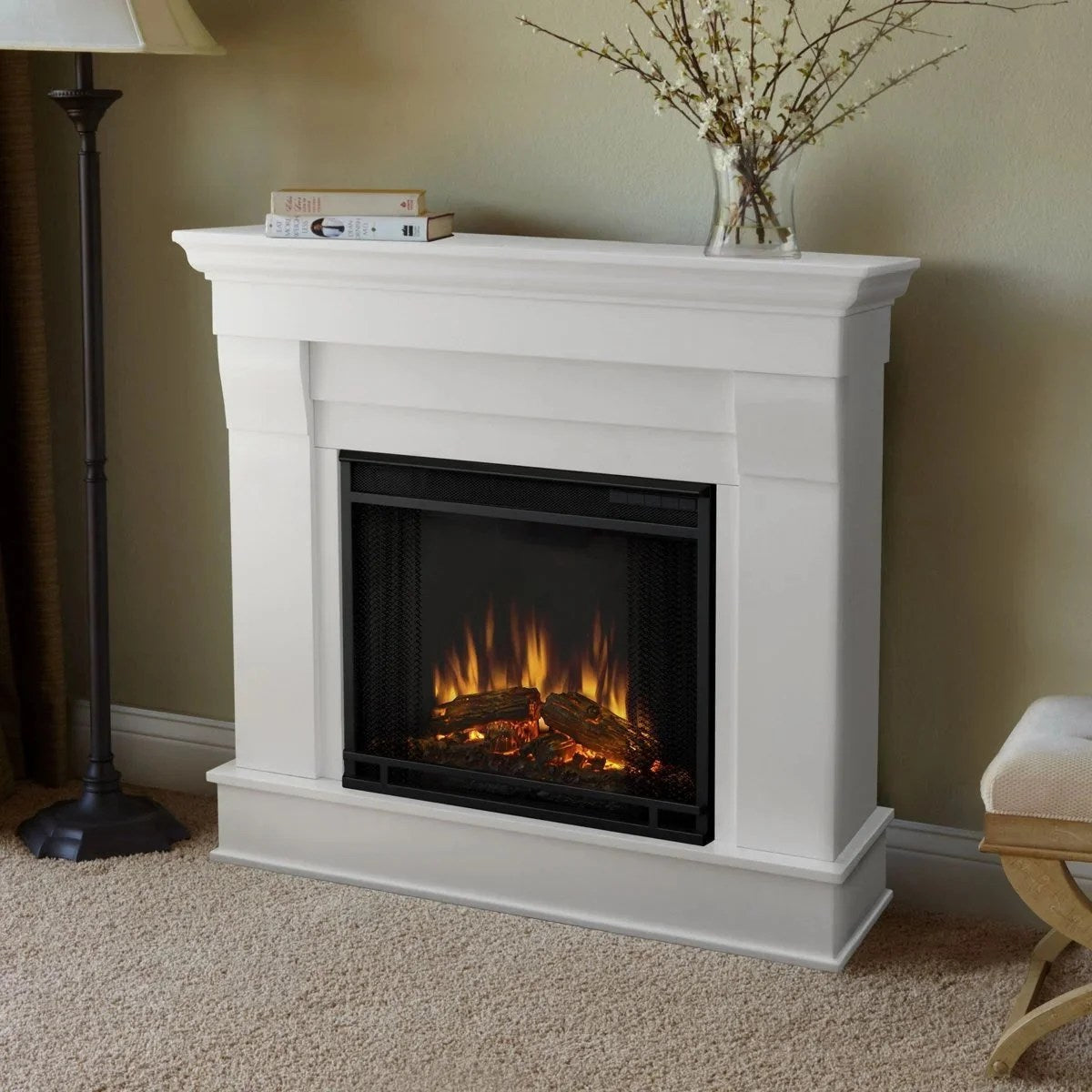 Casavibeo Real Flame Chateau electric fireplace with realistic flame effect and elegant design, displayed in a modern living room setting.