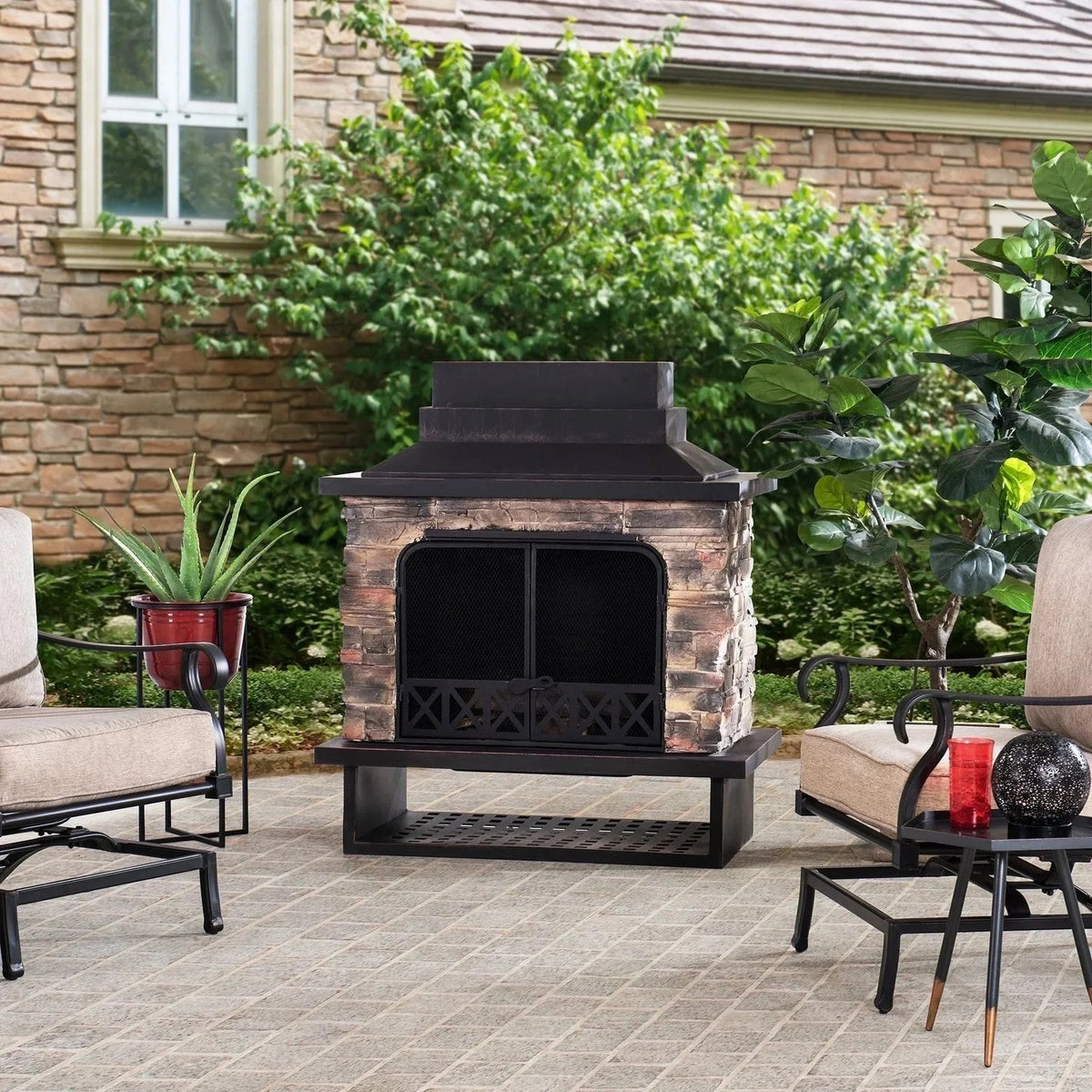 Casavibeo Sunjoy Farmington wood burning fireplace with rustic design and stone surround, showcasing a cozy outdoor or indoor setting.