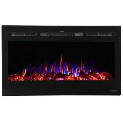 Casavibeo Touchstone Sideline 36-inch electric fireplace with realistic flame display and sleek black finish.