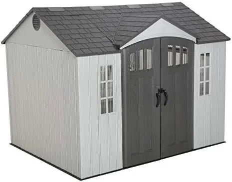 Casavibeo Lifetime 10x8 ft. outdoor storage shed with double doors and window for secure garden tool storage.