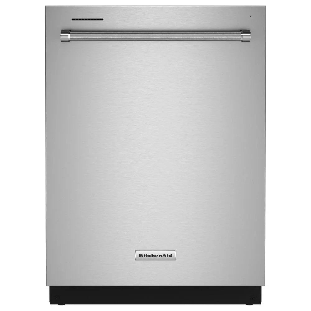 KitchenAid 24-inch fully-integrated built-in dishwasher in PrintShield stainless steel with 30 wash jets, featuring a sleek modern design.