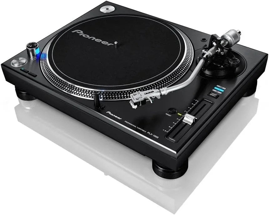 Casavibeo Pioneer DJ PLX-1000 professional direct drive turntable with vinyl record and tonearm setup.