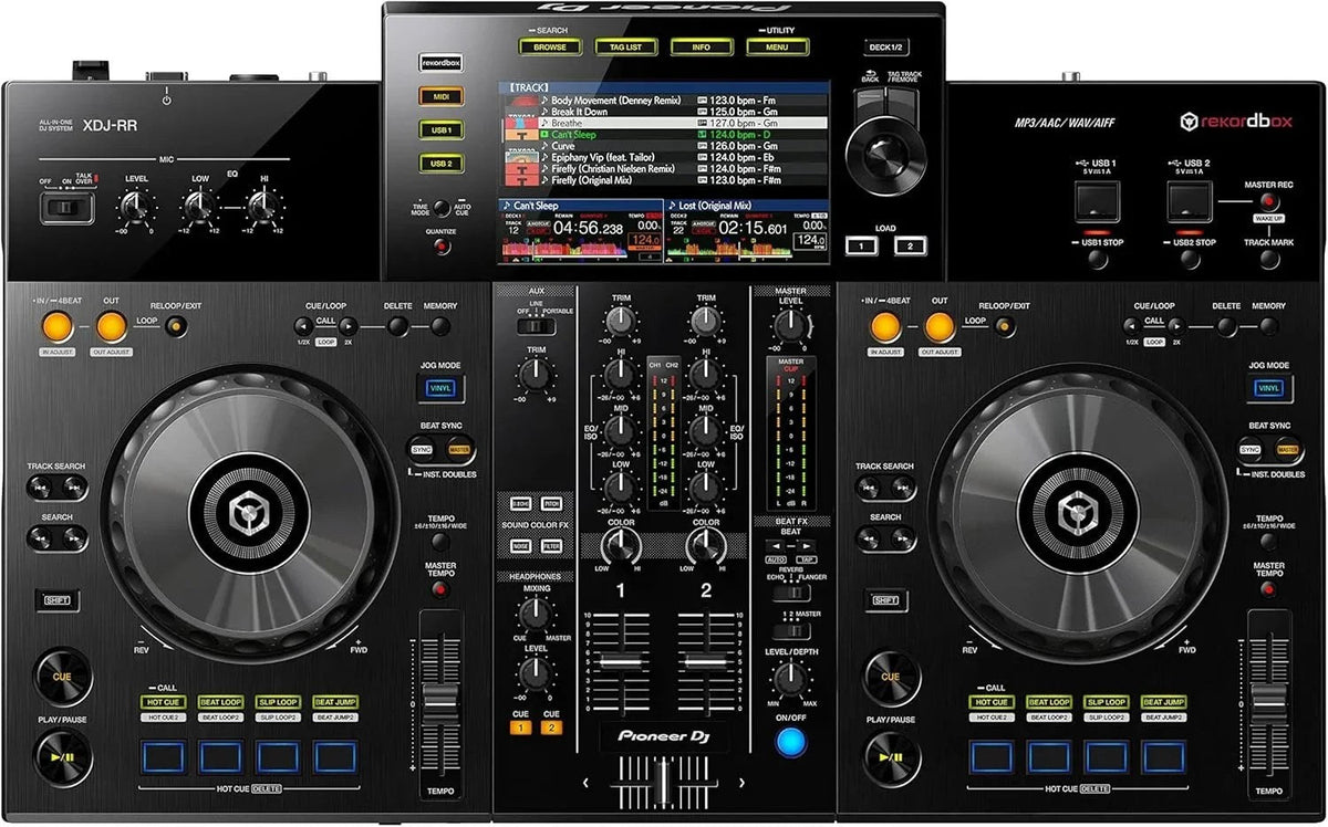 Casavibeo Pioneer DJ XDJ-RR all-in-one DJ system with dual deck setup, mixer, and colorful control interface.