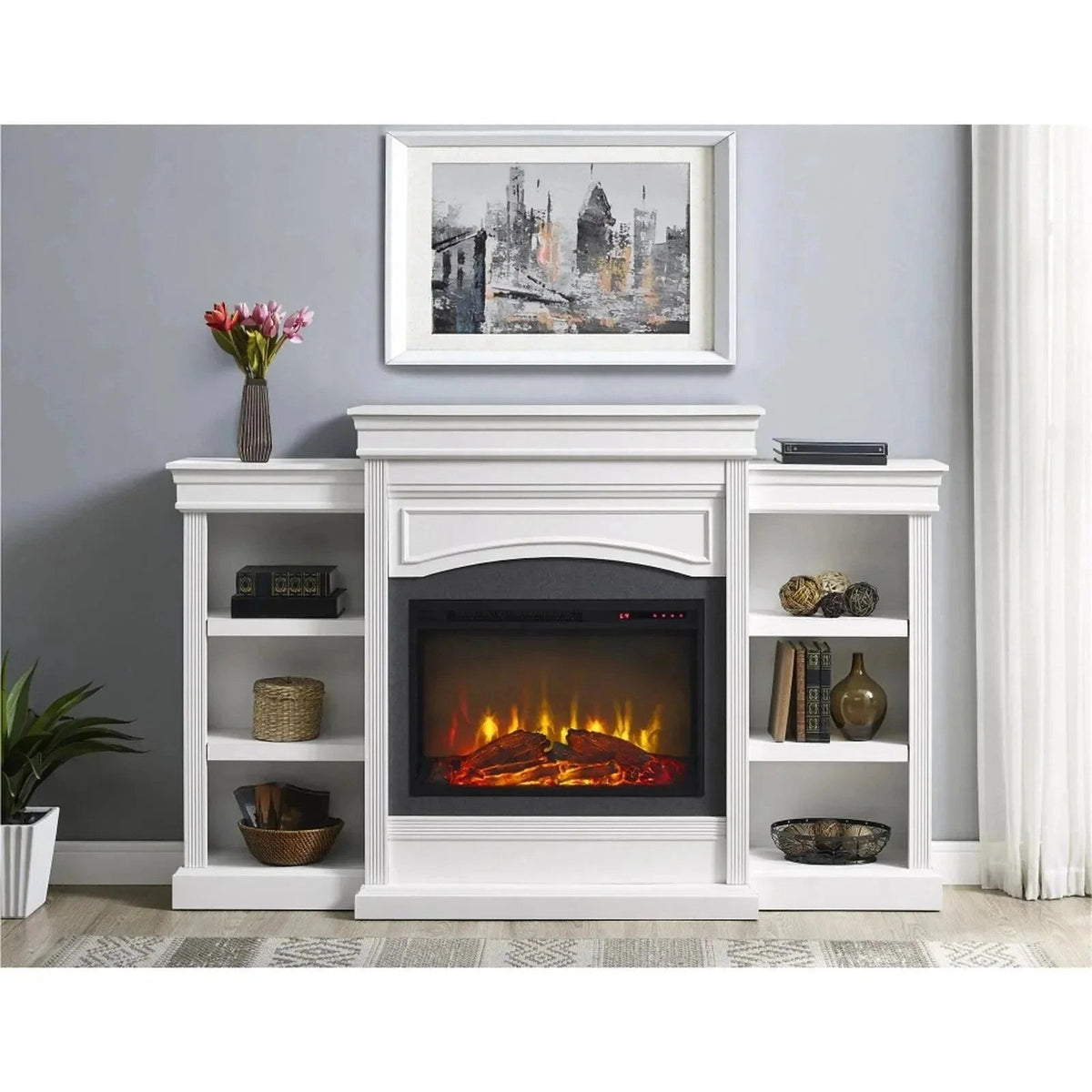 Casavibeo Ameriwood Home Lamont mantel fireplace with a modern design, showcasing a sleek white finish and cozy fireplace insert.