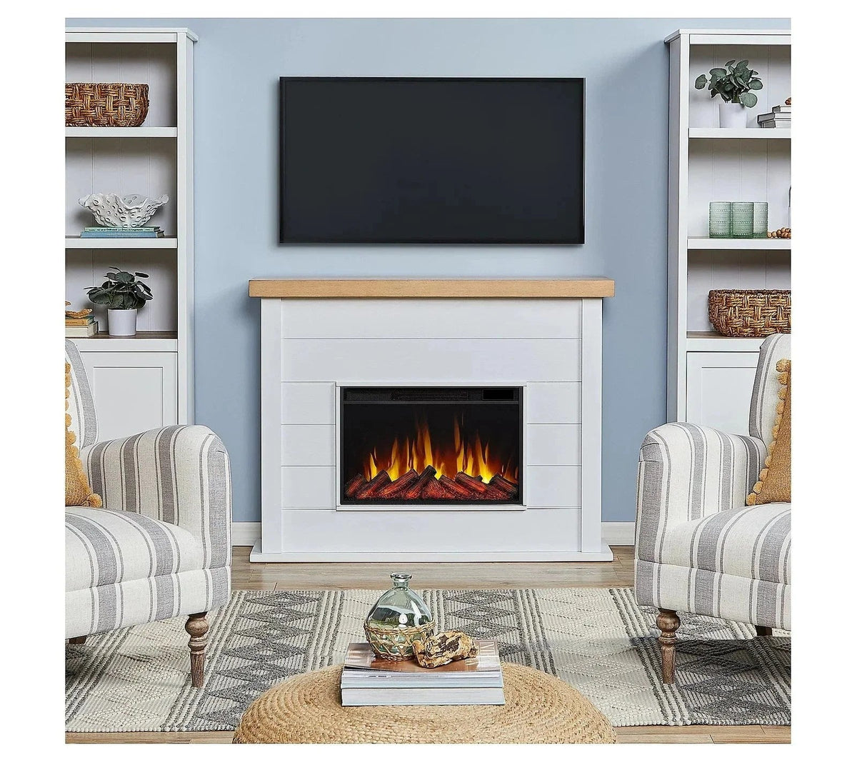Casavibeo Real Flame Marshall 49-inch slim electric fireplace with realistic flame display and modern black finish.