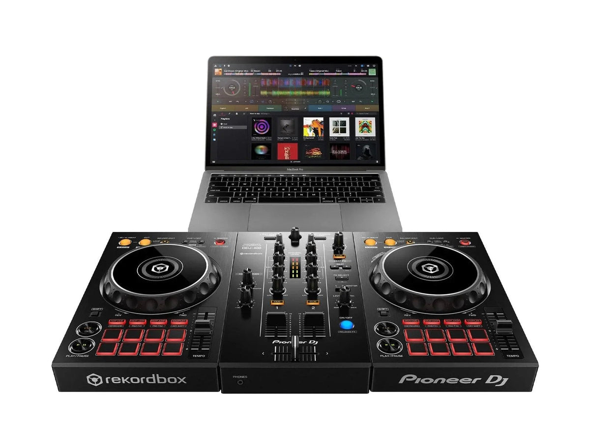 Casavibeo Pioneer DJ DDJ-400 2-channel rekordbox DJ controller with jog wheels, mixer, and control buttons for DJs.