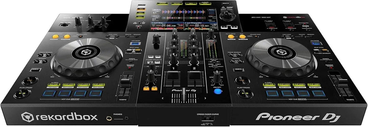 Casavibeo Pioneer DJ XDJ-RR all-in-one DJ system with jog wheels, control panels, and colorful LED lighting.