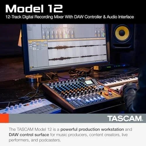 Casavibeo Tascam Model 12 all-in-one 12-track digital mixer with USB audio interface, recording studio, and DAW controls.