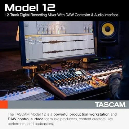 Casavibeo Tascam Model 12 all-in-one 12-track digital mixer with USB audio interface, recording studio, and DAW controls.
