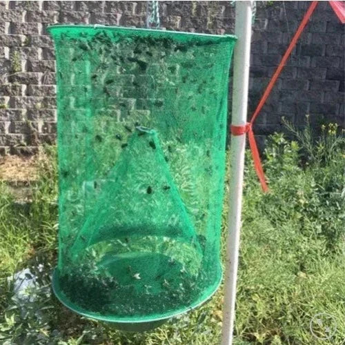 Reusable Ranch Fly Trap by Belro for outdoor pest control, showing the trap's mesh design and bait chamber to attract flies.