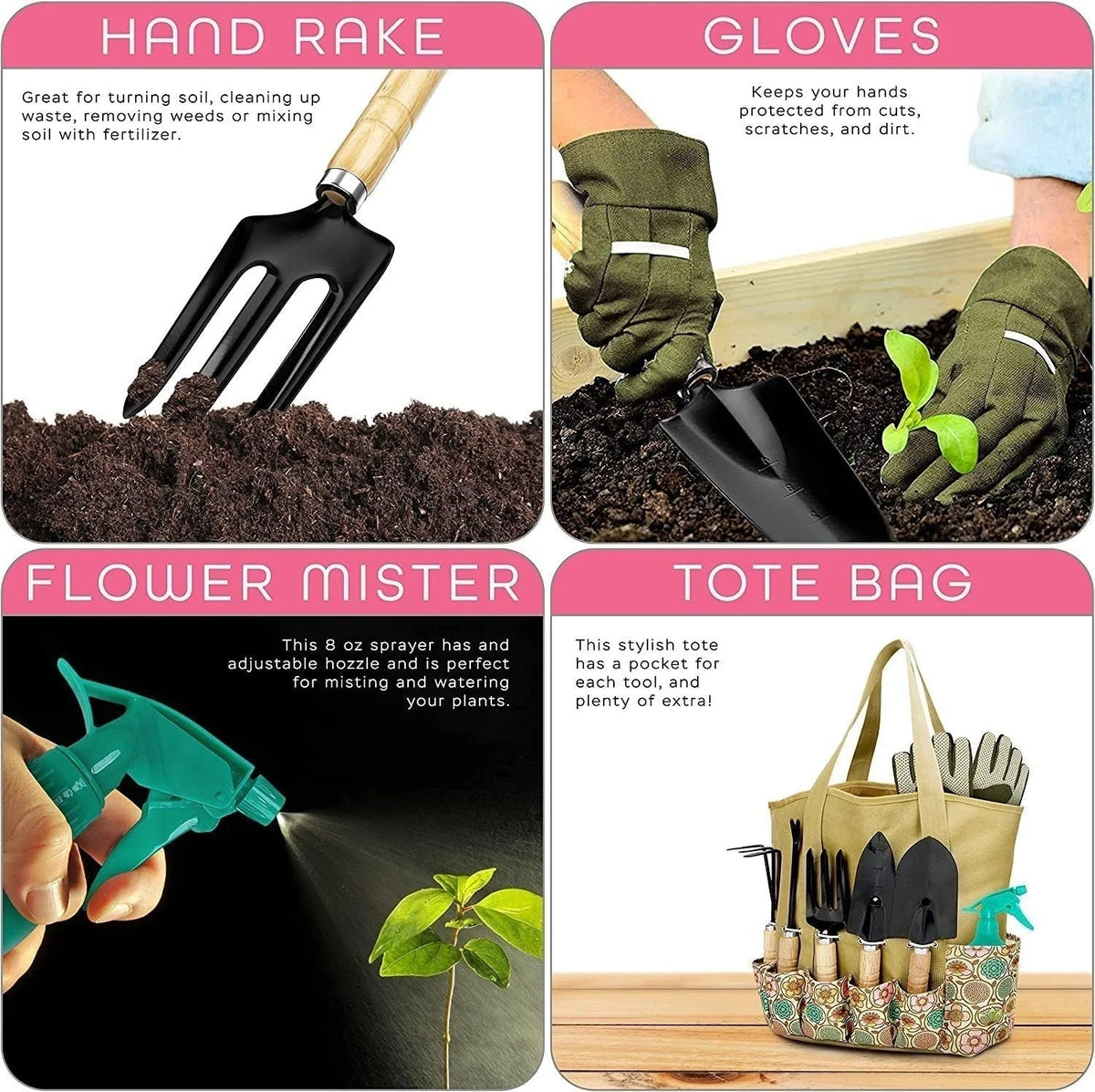 Stainless steel gardening tools set by Casavibeo with pruning shears, trowel, and cultivator on a garden background.