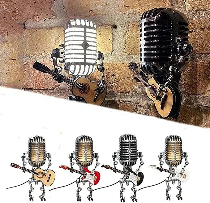 Vintage Belro metal microphone robot with guitar lamp, decorative electronic audio microphone and lighting display.