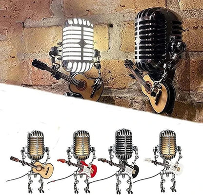 Vintage Belro metal microphone robot with guitar lamp, decorative electronic audio microphone and lighting display.