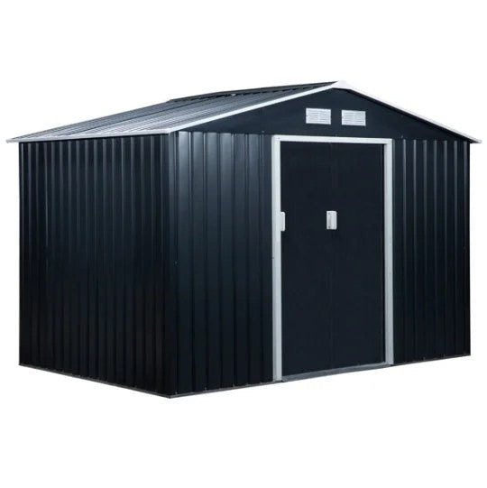 Casavibeo outdoor garden storage shed with double doors and sloped roof, ideal for tool and equipment storage in the garden.