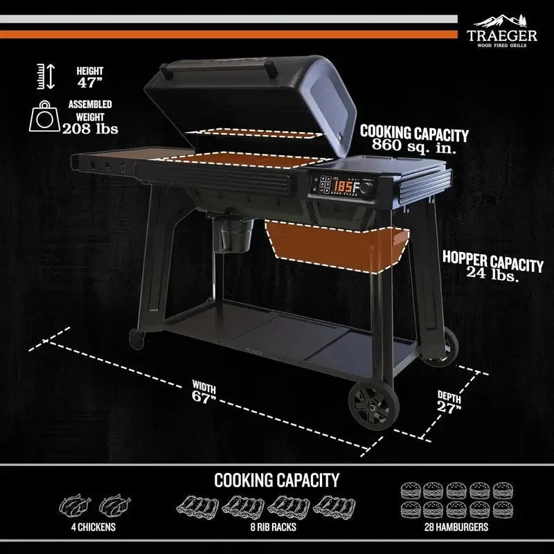 Casavibeo Traeger Ironwood 885 pellet grill with stainless steel lid and digital control panel, showing cooking grates and temperature display.