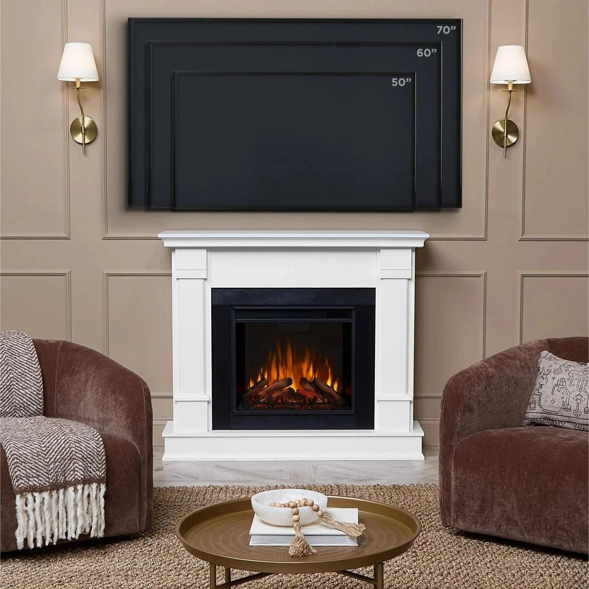Silverton 48-inch electric fireplace by Casavibeo featuring a sleek silver finish and realistic flame display.