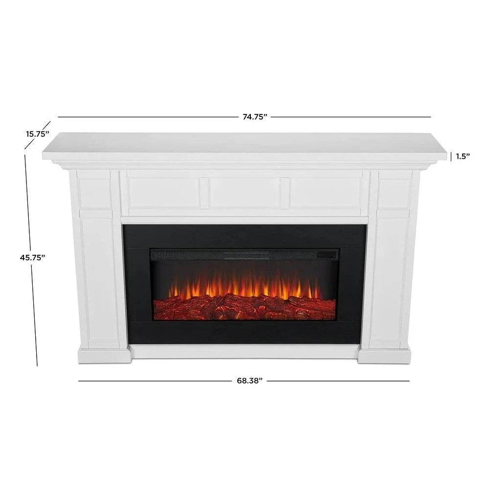Casavibeo Real Flame Alcott 75-inch landscape electric fireplace with realistic flames and modern design, mounted on a wall.