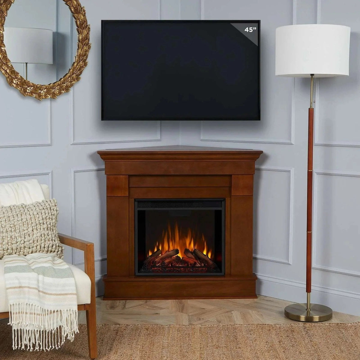 Casavibeo Real Flame Chateau Corner Electric Fireplace with realistic flames and wood mantel in a cozy living room setting.