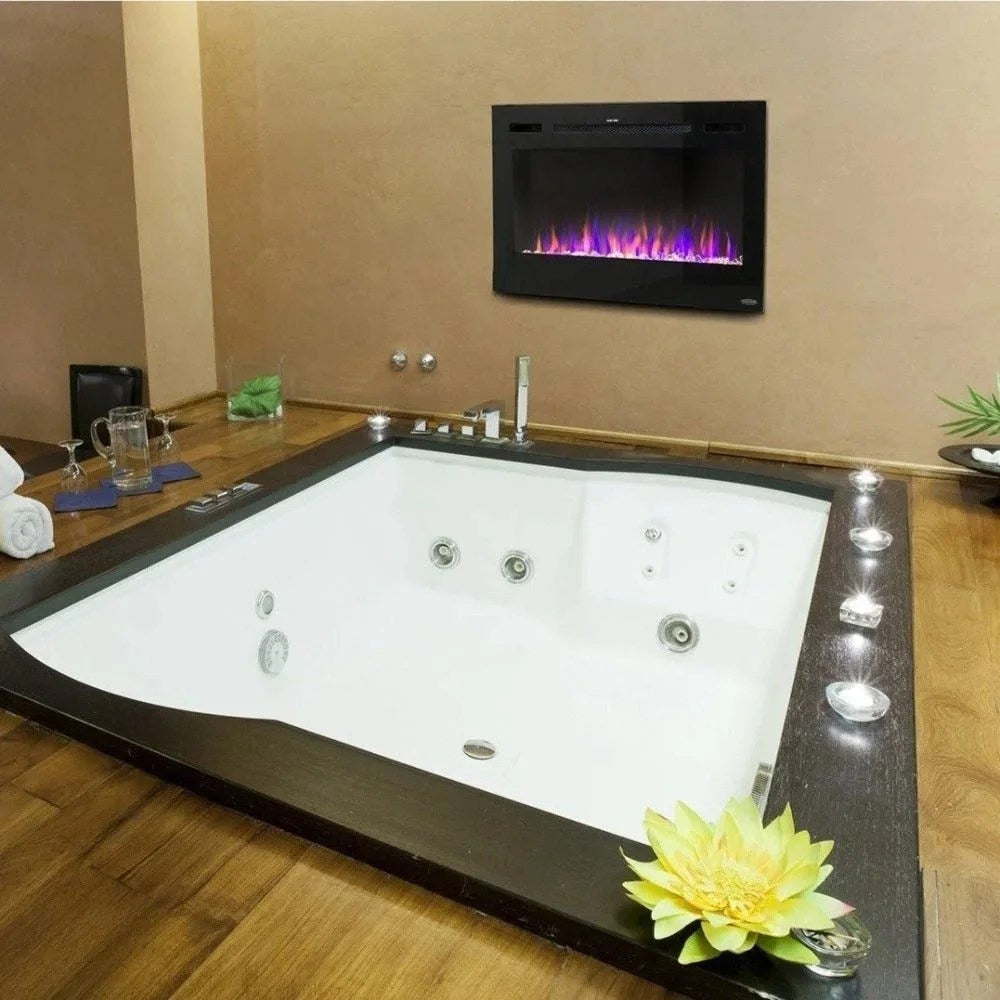 Casavibeo Touchstone Sideline 36-inch electric fireplace with modern black mantel and realistic flame display.