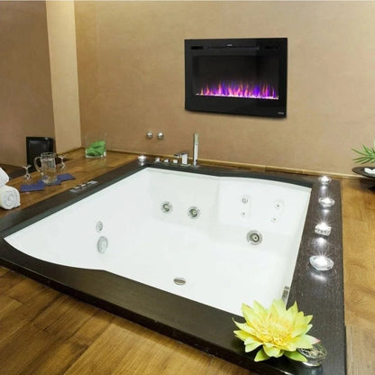Casavibeo Touchstone Sideline 36-inch electric fireplace with modern black mantel and realistic flame display.