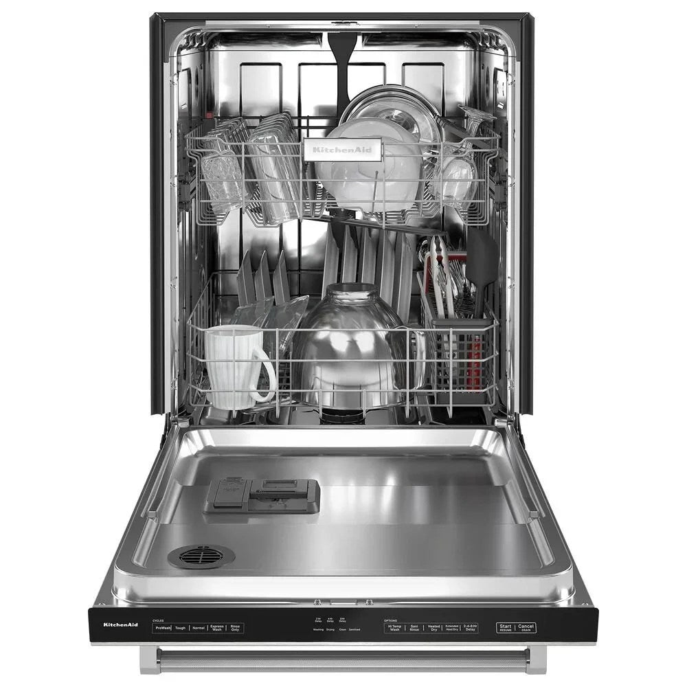 Casavibeo KitchenAid 24-inch built-in dishwasher with PrintShield stainless steel and 30 wash jets, showcasing the sleek, integrated design.