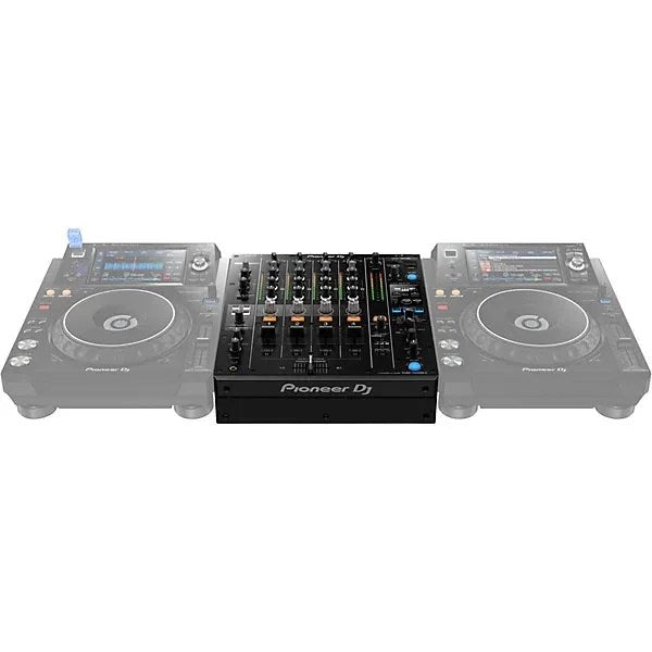 Casavibeo Pioneer DJ DJM-750MK2 4-channel DJ mixer with effects, touchscreen controls, and rekordbox compatibility, shown with cables and setup.