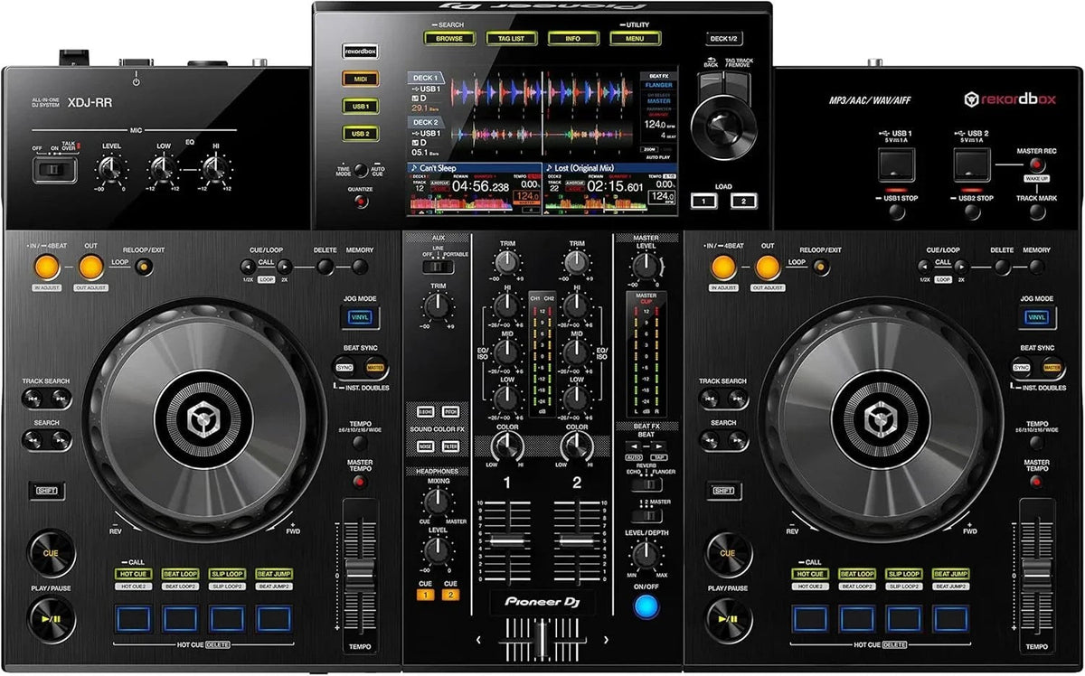 Casavibeo Pioneer DJ XDJ-RR all-in-one DJ system with dual turntables, mixer, and digital controls on a sleek setup.