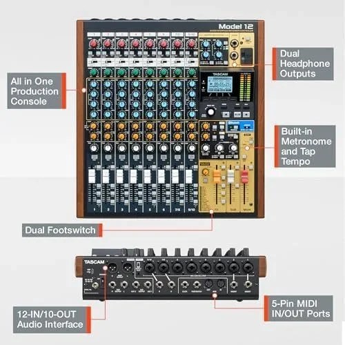 Casavibeo Tascam Model 12 digital multitrack mixer with 12 channels, USB audio interface, and DAW control for recording and mixing.
