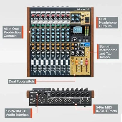 Casavibeo Tascam Model 12 digital multitrack mixer with 12 channels, USB audio interface, and DAW control for recording and mixing.