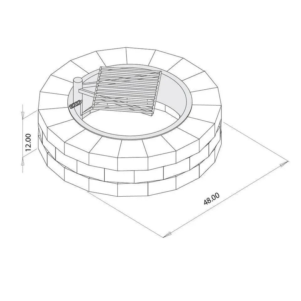 Casavibeo Necessories 48-inch wood burning fire pit kit with concrete base and cooking grate, shown outdoors in Santa Fe setting.