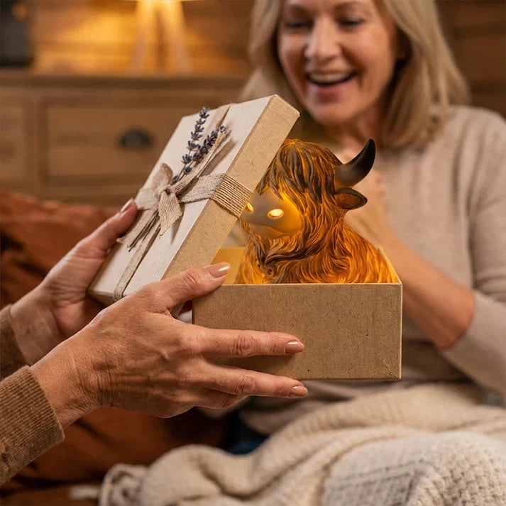 Highland cow resin night light from Mivoza with warm amber glow, decorative lamp for cozy lighting and charming decor.