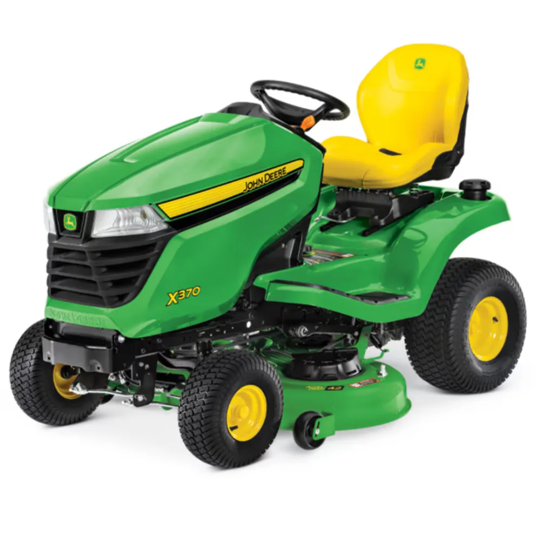 John Deere X370 lawn tractor with 42-inch cutting deck, shown with its sturdy build and large mower blades for yard work.