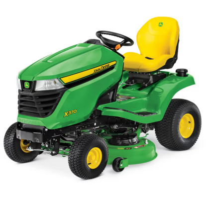 John Deere X370 lawn tractor with 42-inch cutting deck, shown with its sturdy build and large mower blades for yard work.