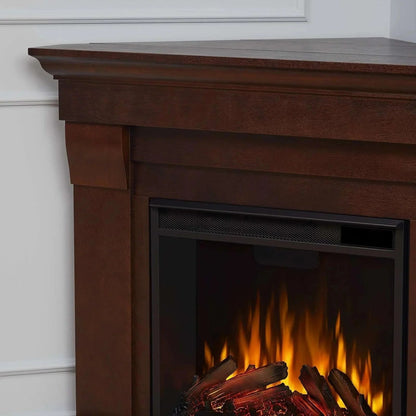 Casavibeo Real Flame Chateau Corner Electric Fireplace showing a cozy fire and elegant corner design in a modern living space.