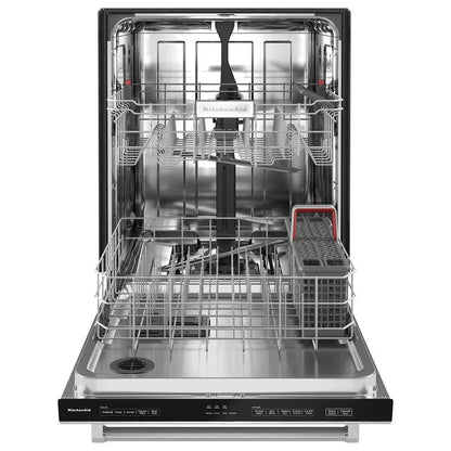 Casavibeo KitchenAid 24-inch built-in dishwasher with PrintShield stainless steel and 30 wash jets, showcasing the sleek front panel.