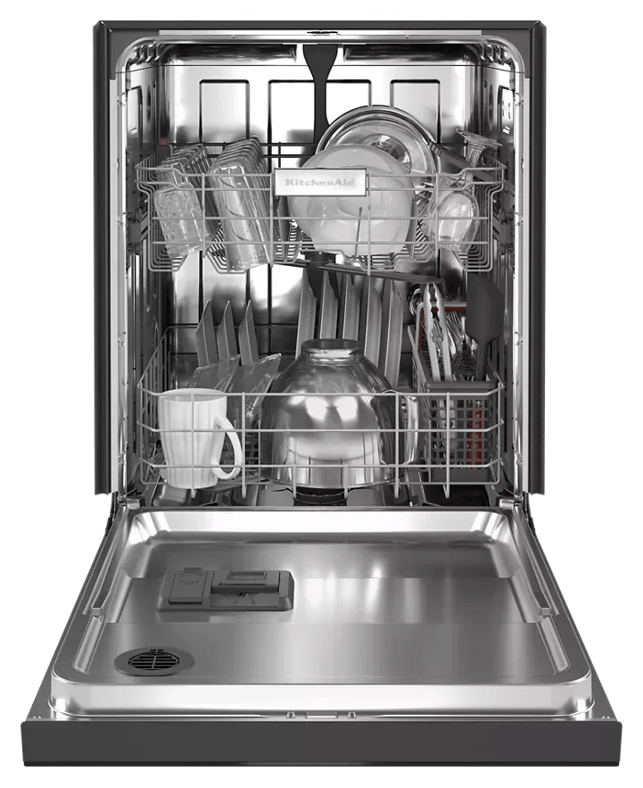Casavibeo two-rack dishwasher with over 30 wash jets, quiet operation at 47 dBA, showcasing the interior racks and spray arms.
