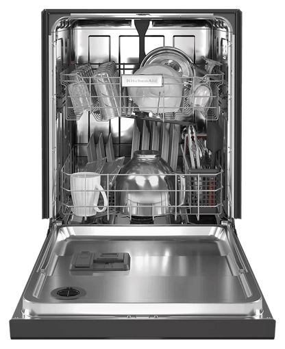 Casavibeo two-rack dishwasher with over 30 wash jets, quiet operation at 47 dBA, showcasing the interior racks and spray arms.