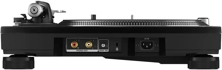 Casavibeo Pioneer DJ PLX-1000 professional direct drive turntable, close-up of sleek black design with control buttons and tonearm.