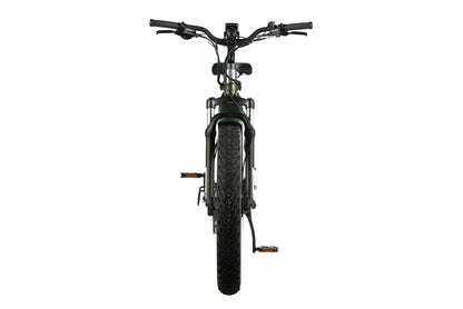 Casavibeo Aventon Aventure 2 electric bicycle with black frame, displaying handlebars, seat, and tires on a city street.
