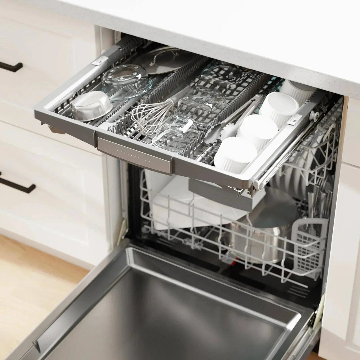 Bosch 800 Series stainless steel top control smart dishwasher with third rack and CrystalDry, shown in a modern kitchen setting.
