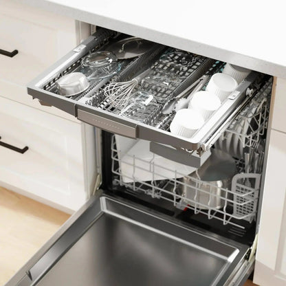 Bosch 800 Series stainless steel top control smart dishwasher with third rack and CrystalDry, shown in a modern kitchen setting.