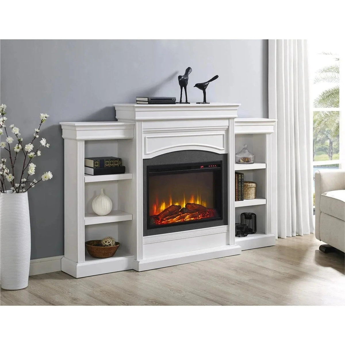 Casavibeo Ameriwood Home Lamont Mantel Fireplace with wooden mantel and modern design, shown in a cozy living room setting.