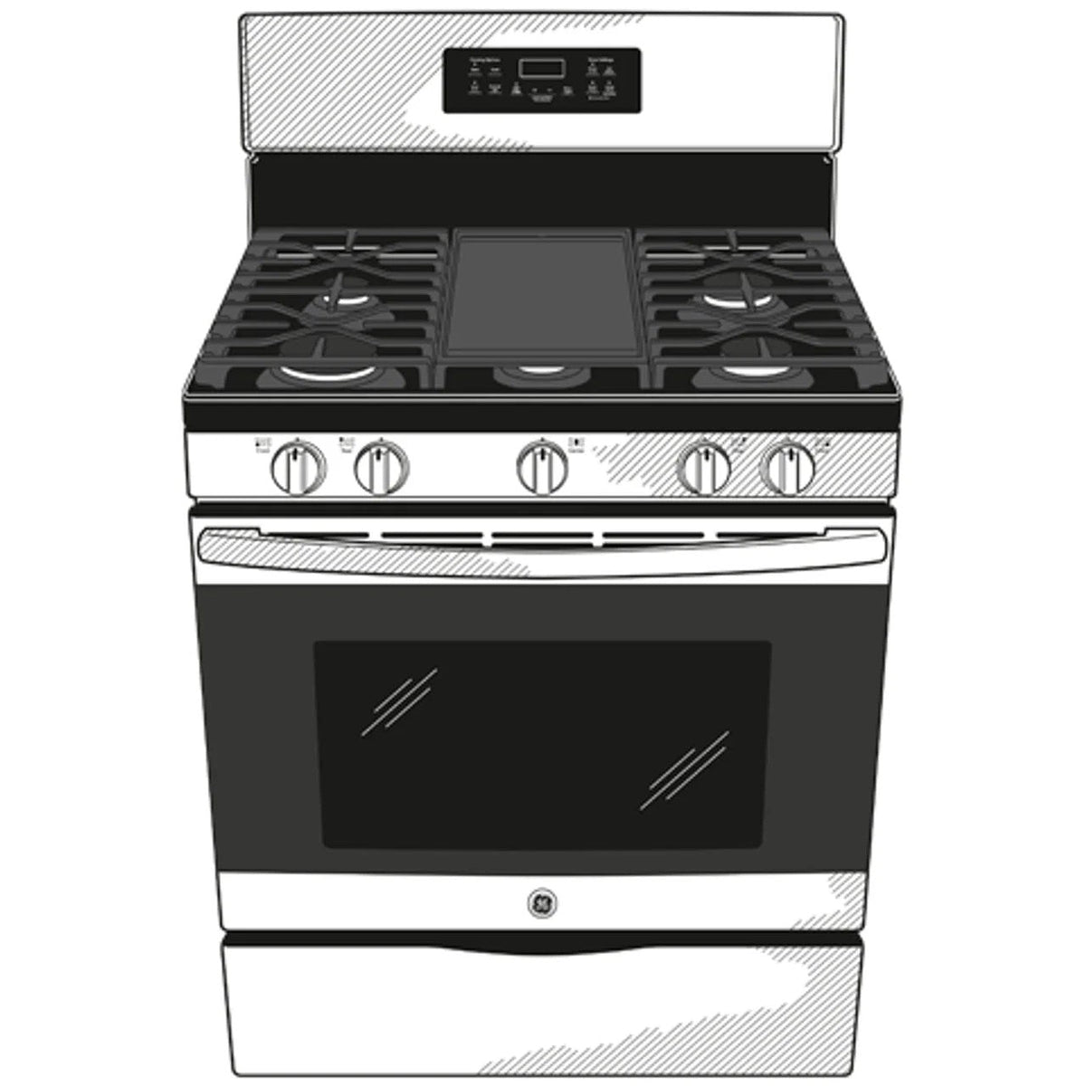GE 30-inch freestanding gas range by Casavibeo with four burners and oven, stainless steel finish, and control knobs on the front.