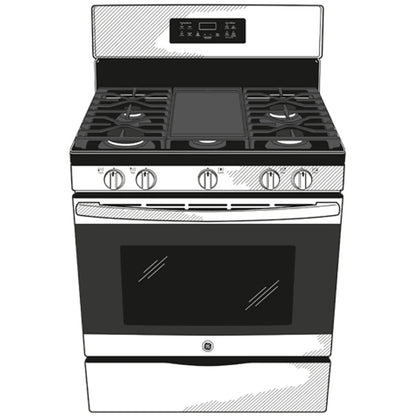 GE 30-inch freestanding gas range by Casavibeo with four burners and oven, stainless steel finish, and control knobs on the front.