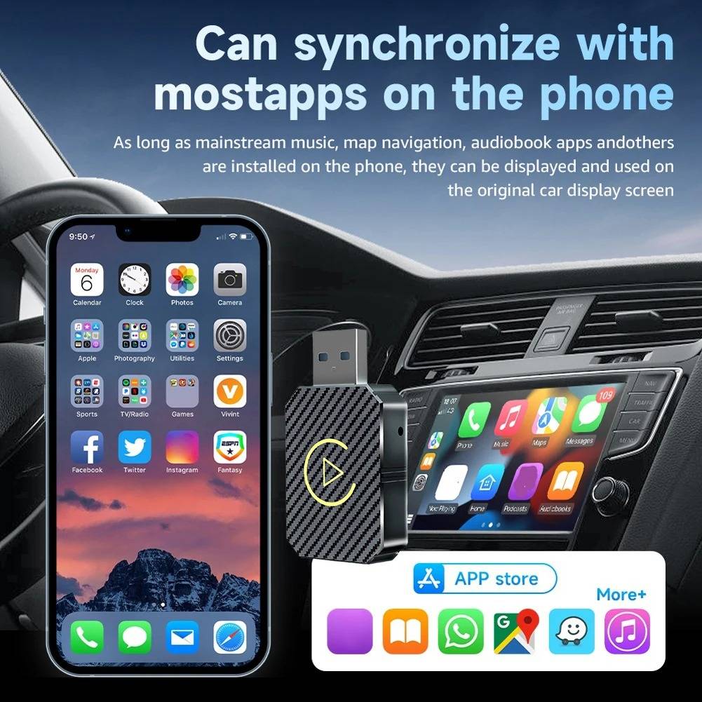Belro Wireless CarPlay Adapter connected to a car's infotainment system, enabling wireless Apple CarPlay integration.