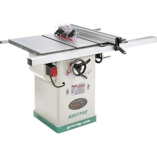 Casavibeo Grizzly G0771Z 10-inch hybrid table saw with 2 HP motor and T-shaped fence, shown with saw blade and sturdy metal base.