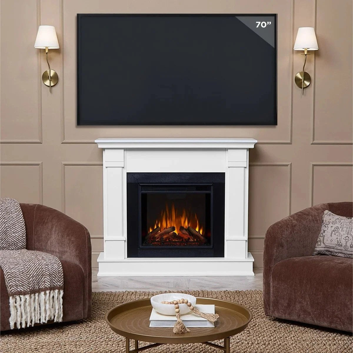 Casavibeo Real Flame 48-inch Silverton electric fireplace with realistic flames and modern silver finish, ideal for living rooms.