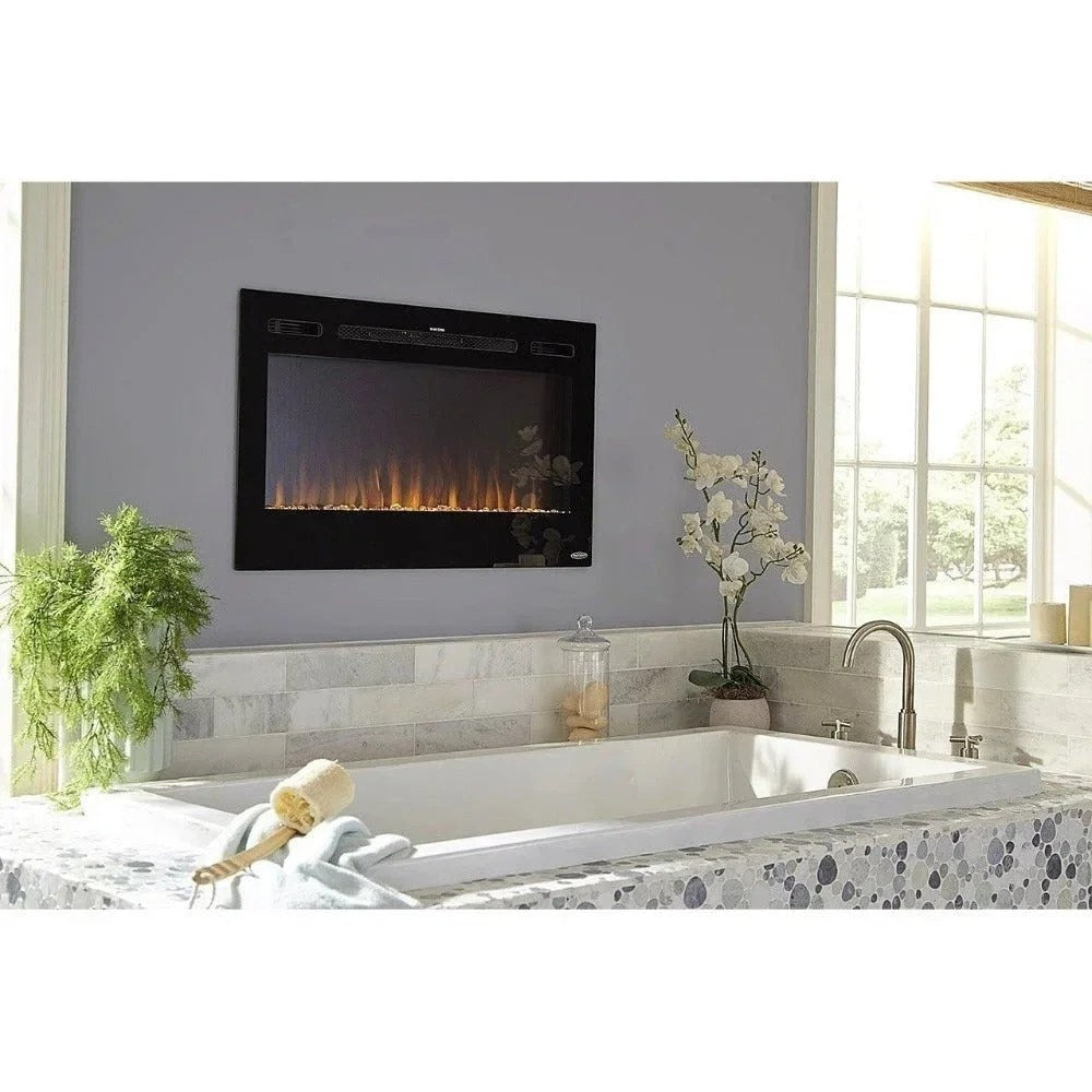 Casavibeo Touchstone Sideline 36-inch electric fireplace with realistic flame display and sleek black finish, wall-mounted design.